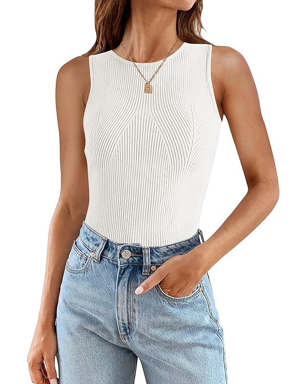 ZESICA Womens Ribbed Tank Tops 2024 Summer Sleeveless High Neck Casual Slim Fitted Basic Knit Shi... | Amazon (US)