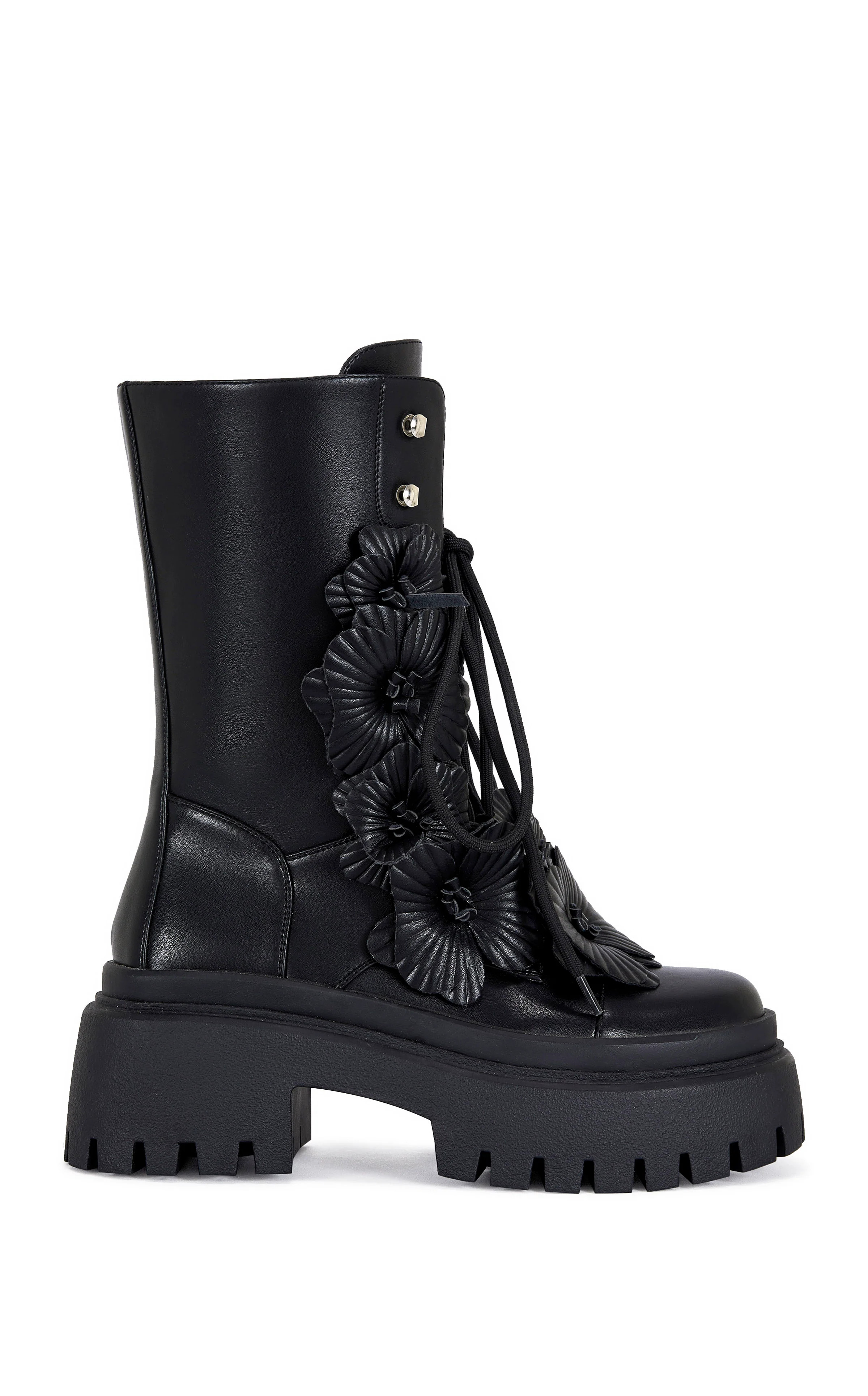 DEVOIR-BLACK 3D FLOWER COMBAT BOOTIE | Azalea Wang