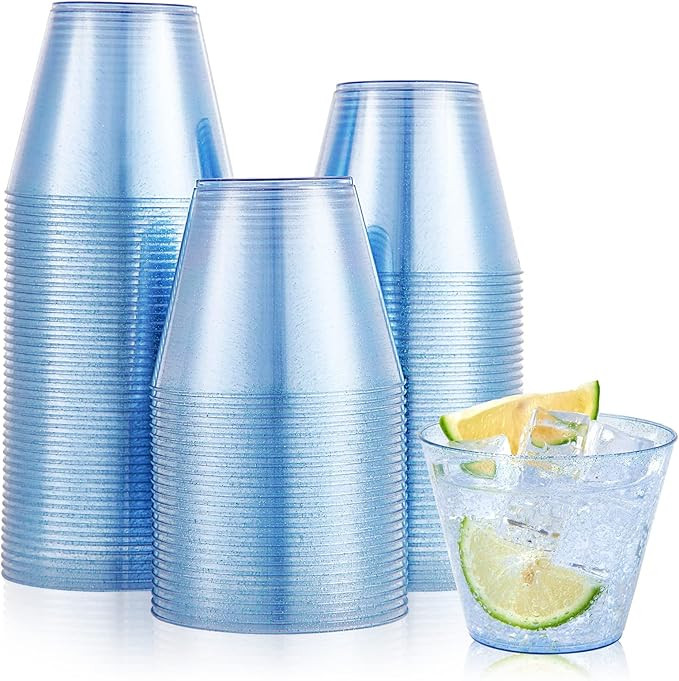JOLLY CHEF 100 Pack 9 oz Blue Plastic Cups, Disposable Cups Tumblers, Elegant Blue Glitter Party ... | Amazon (US)