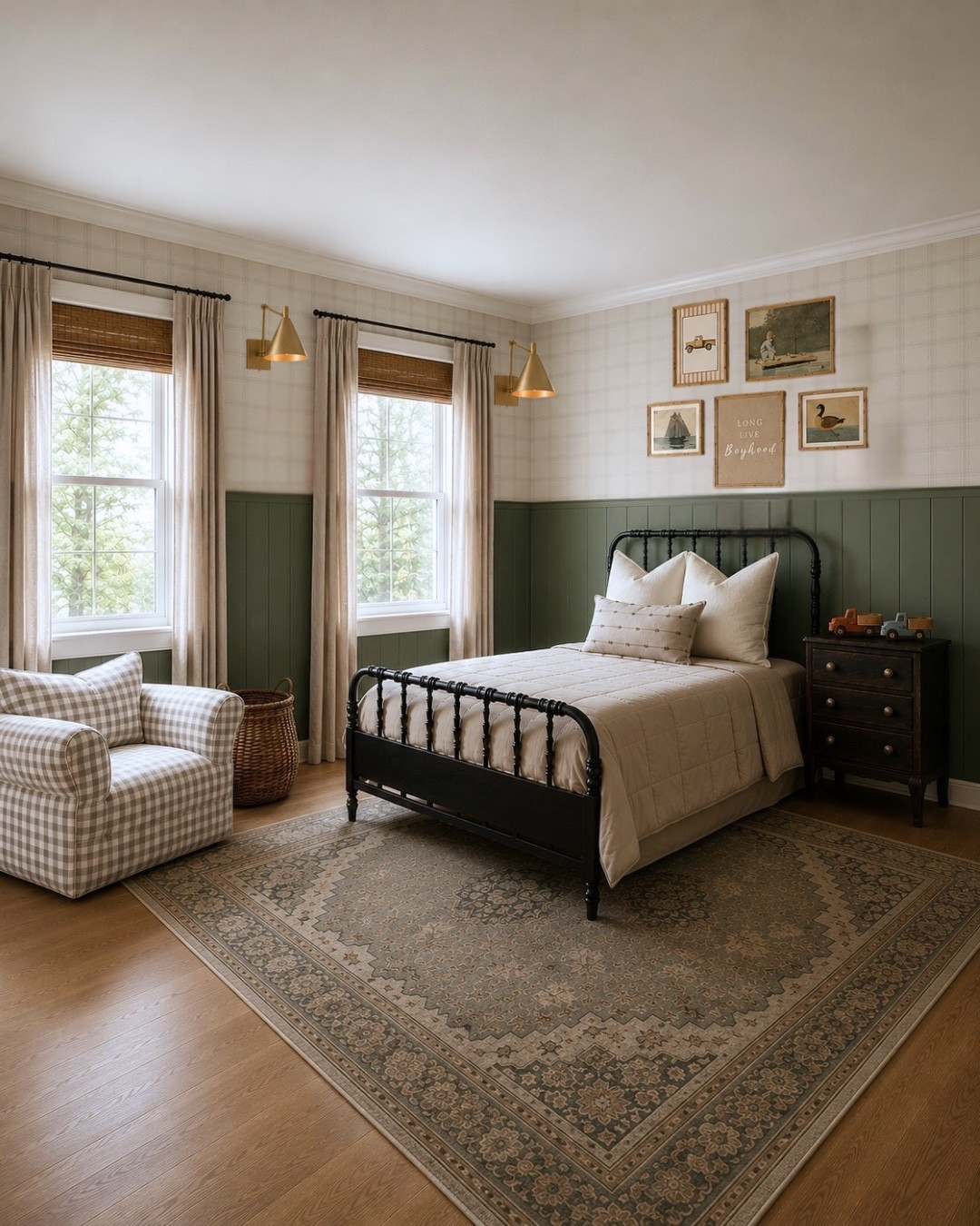Kids' rooms are one of my favorite spaces to design because they can be playful without feeling overly themed. 

For this room, I started with timeless pieces that will still work as he gets older—a classic black wood spindle bed, rich green wainscoting, plaid wallpaper, vintage-inspired artwork, and warm wood tones that all feel collected over time.

The goal was to create a bedroom that feels cozy, lived in, and full of personality while still being practical enough to grow with him. 

If you're decorating a child's room and want it to feel classic instead of trendy, starting with timeless furniture and layering in meaningful accessories is always a good place to begin.

I've linked the exact or closest pieces below if you'd like to recreate this look in your own home. Save this design for later and tap below to shop the room.

#LTKHome #LTKKids