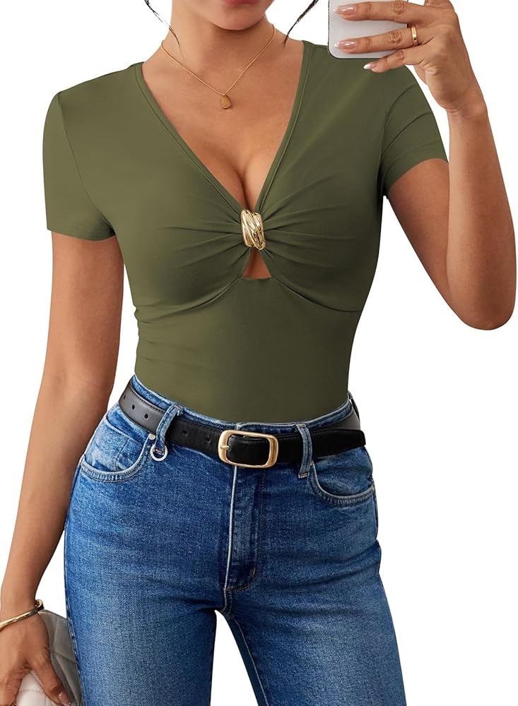 Pink Queen Women Summer Tops Stylish Deep V-Neck Short Sleeve Shirt with Metal Ring Decor | Amazon (US)