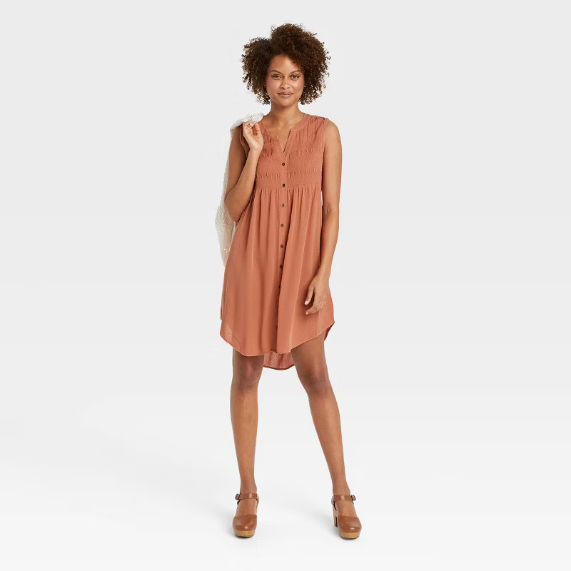 Women's Sleeveless Smocked Button-Down Dress - Knox Rose™ Brown XS | Target