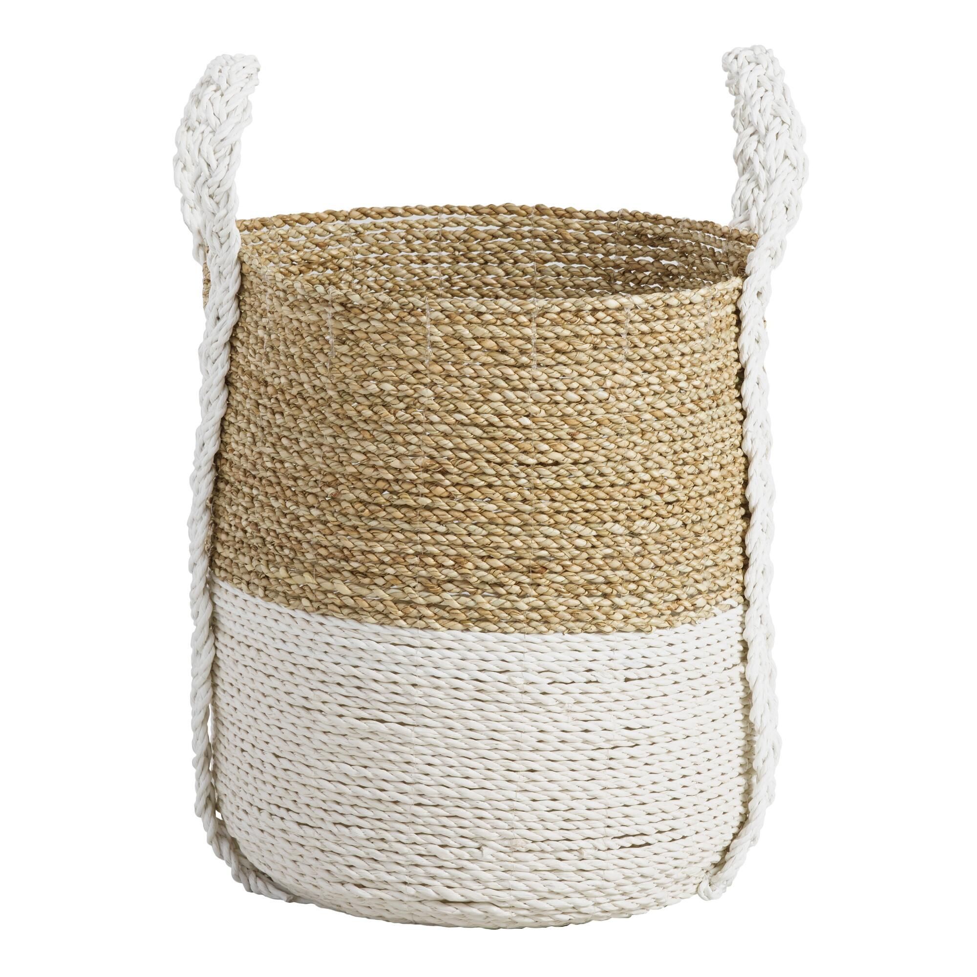 Medium Two Tone Seagrass Bianca Tote Basket: White - Natural Fiber by World Market | World Market