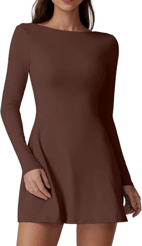 QINSEN Women's Open Back Tennis Dress Long Sleeve Built in Shorts Golf Athletic Dress with Pocket... | Amazon (US)