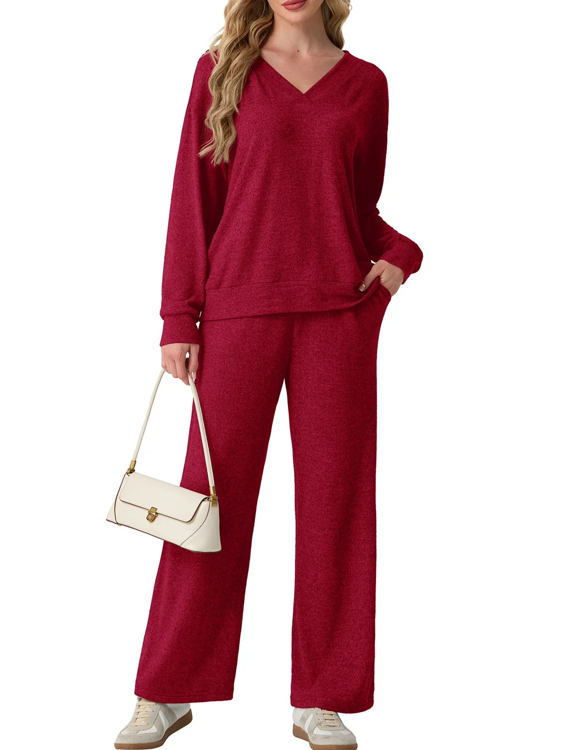 Cueply Lounge Sets for Women 2 Piece Outfits Fall Long Sleeve Knit Sweater Top Wide Leg Pants Lou... | Walmart (US)
