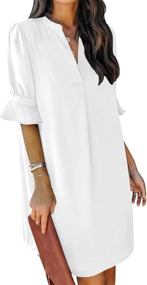 QACOHU Summer Dresses for Women 2024 V Neck Ruffle Short Sleeve Shift Dress | Amazon (US)