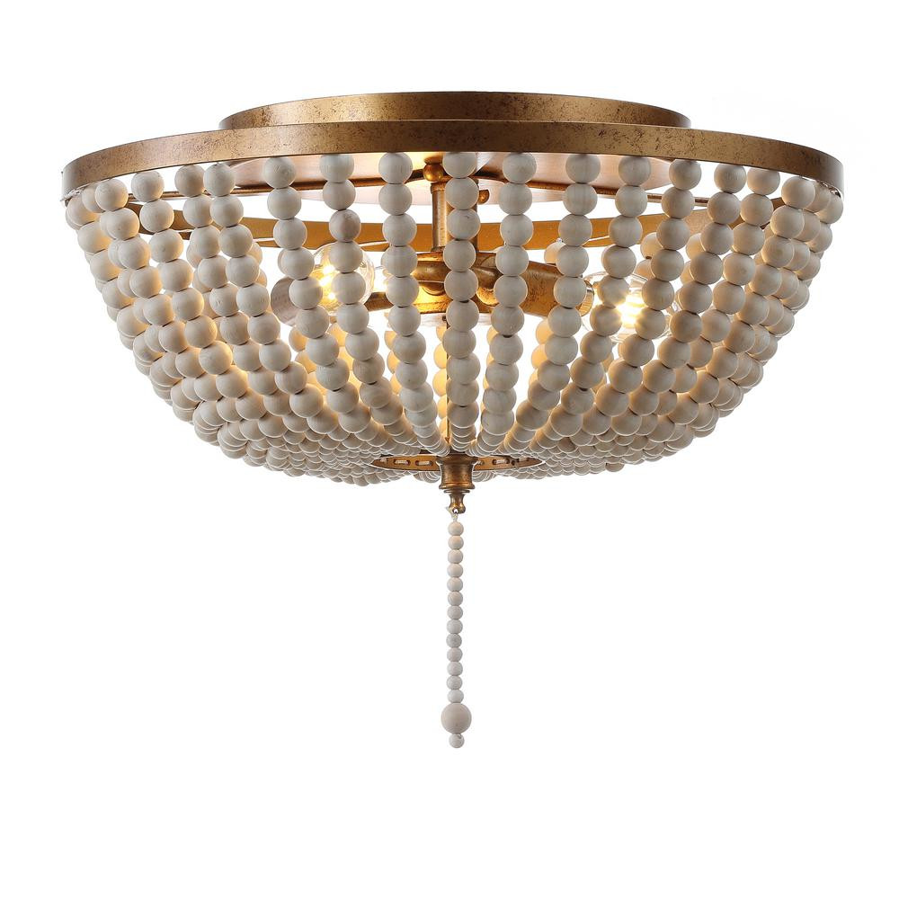 JONATHAN  Y Allison 15 in. Wood Beaded/Metal LED Flush Mount, Antique Gold / Cream-JYL9019A - The... | The Home Depot