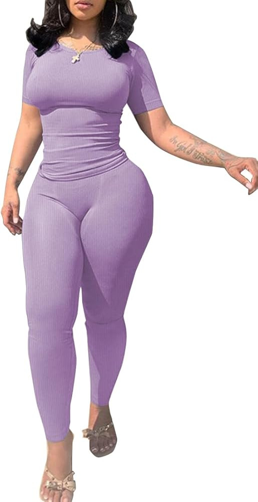 PINSV 2 Piece Sets for Women Summer Casual Jogger Workout Outfits Fitted Crew Neck T-shirt High W... | Amazon (US)