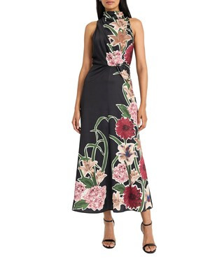 Mock Neck Floral Print Satin Charmeuse Twist Front Blouson Maxi Dress | Dillard's