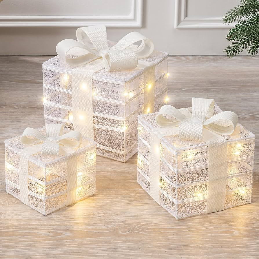 CHRISTOW Light Up, Warm White LED Parcels, Cotton and Hessian Gift Box Decorations, Battery Opera... | Amazon (UK)