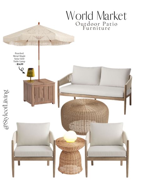 World Market outdoor patio furniture, umbrellas, lights. Accent chairs, loveseats, sofas, umbrella stand, side tables, coffee tables.

#LTKSeasonal #LTKstyletip #LTKhome