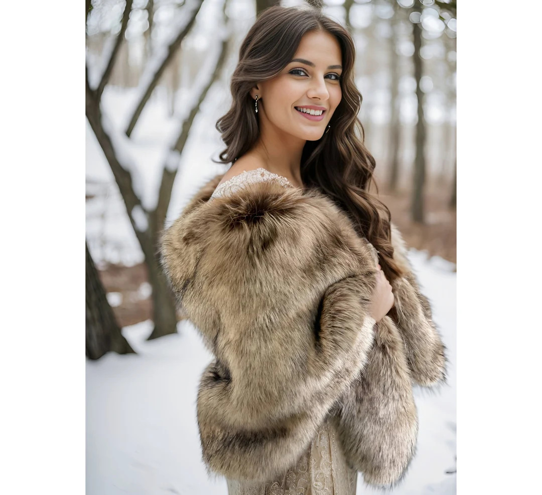 Brown Faux Fur Bridal Wrap, Wedding Fur Shrug, Brown Fur Wrap, Bridal Faux Furstolefur butterfly ... | Etsy (US)