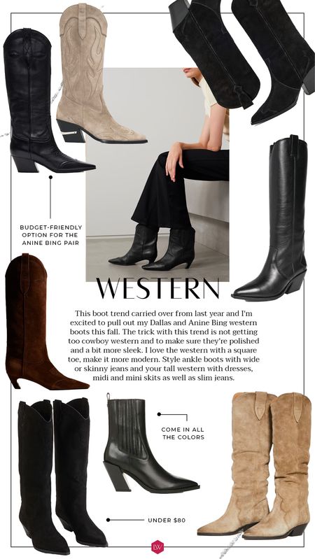 This boot trend carried over from last year and I'm excited to pull out my Dallas and Anine Bing Tall Tania western boots this fall. The trick with this trend is not getting too cowboy western and to make sure they're polished and a bit more sleek. I love the western with a square toe, make it more modern. Style ankle boots with wide or skinny jeans and your tall western with dresses, midi and mini skits as well as slim jeans.

#LTKstyletip #LTKSeasonal #LTKshoecrush
