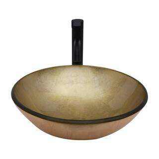 16-1/2 in Round Vessel Bathroom Sink in Gold Glass with Black Pop-up Drain and Black Fauect | The Home Depot