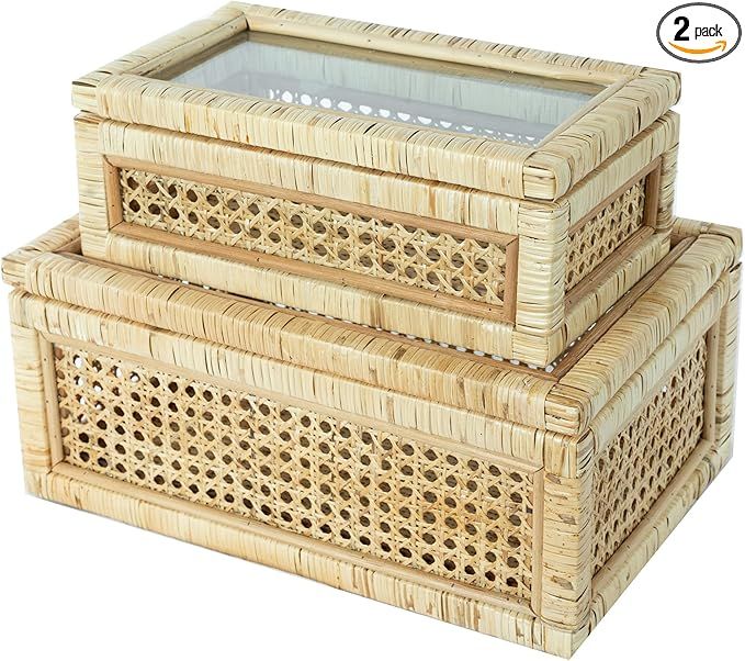 LUSYDECO Set of 2 Large Rectangular Rattan Decorative Boxes with Glass Lids Medium Cane and Ratta... | Amazon (US)