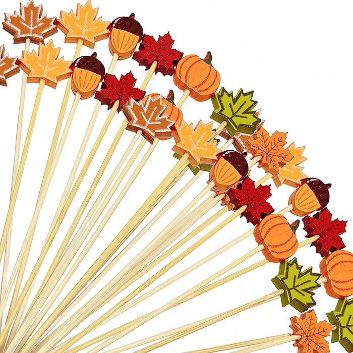 Fall Cocktail Picks, 100PCS Leaves Pumpkins Acorns Fancy Toothpicks for Appetizer, 4.7 inch Long ... | Amazon (US)