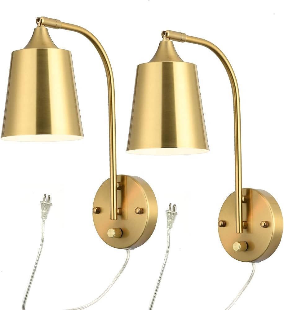 ANBRITE Gold Plug in Wall Sconce Set of 2 with Dimmer Switch, Wall Mounted Industrial Lamp for Be... | Amazon (US)