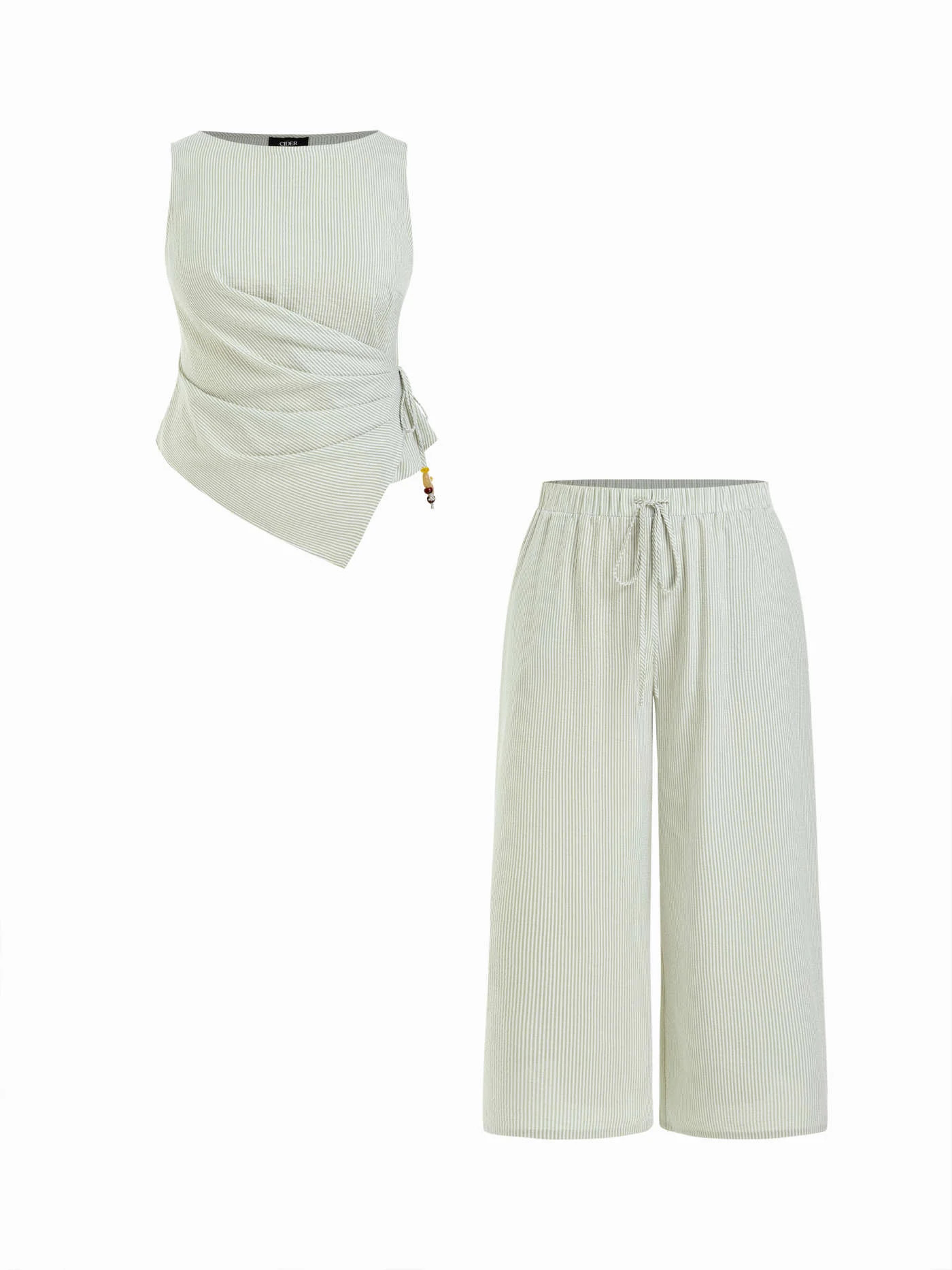 Woven Cotton-blend Boat Neck Striped Beaded Wrap Top & Mid Rise Wide Leg Trousers Set Curve & Plu... | Cider