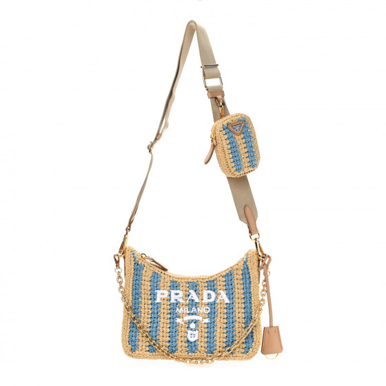 PRADA Raffia Striped Re-Edition 2005 Shoulder Bag Naturale Celeste | FASHIONPHILE (US)