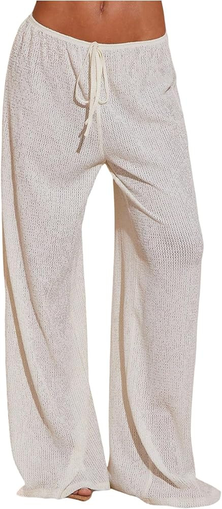 MakeMeChic Women's Summer Beach Wide Leg Pants Swimsuit Coverup Low Waist Knit Baggy Lounge Pants | Amazon (US)