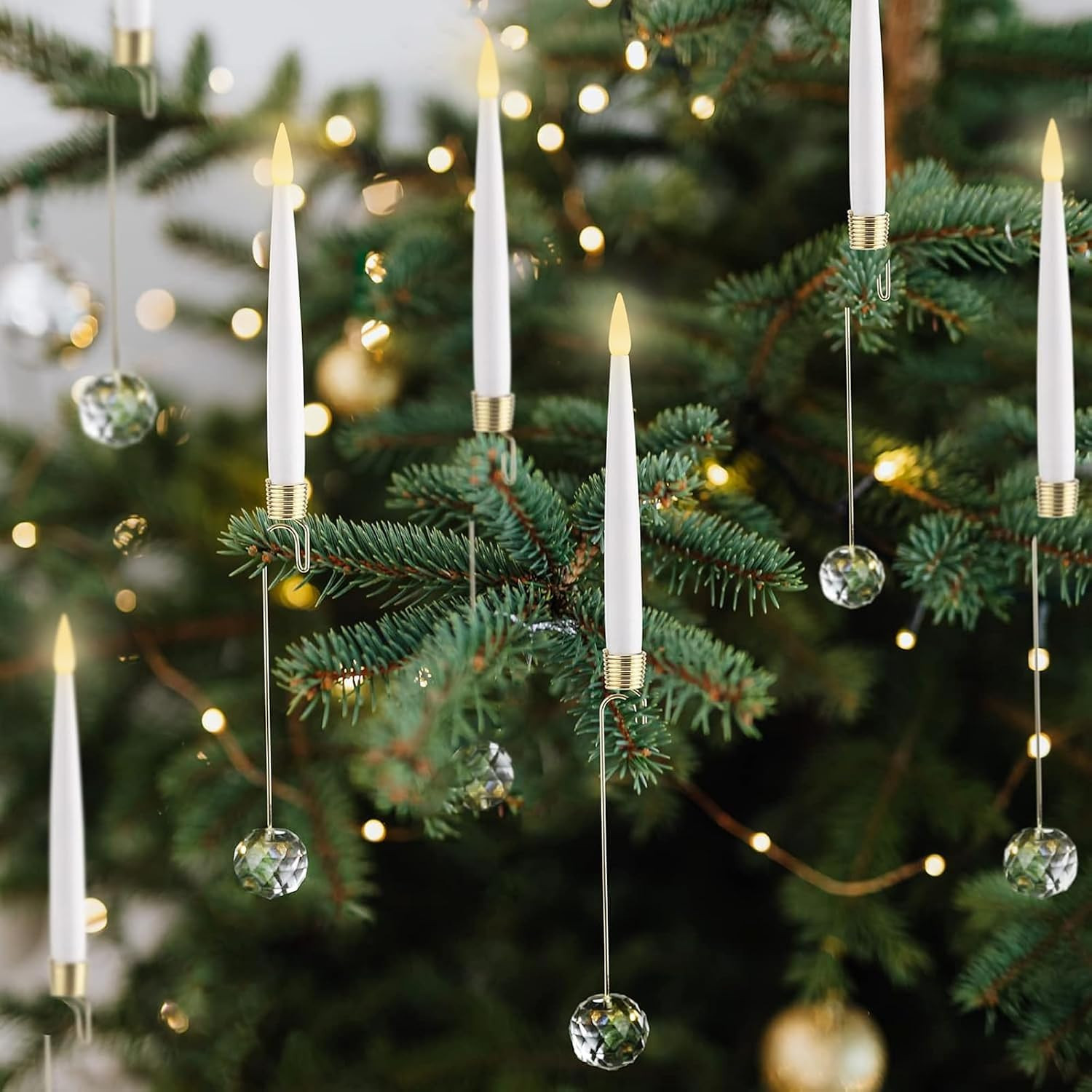 LUSHARBOR Flameless Taper Candles Lights for Christmas Tree Decorations, LED Candles Battery Operated with Remote Timer, Warm Lights Candle for Xmas Wedding Decor with Crystal Ball Hook, Set of 10 | Amazon (US)