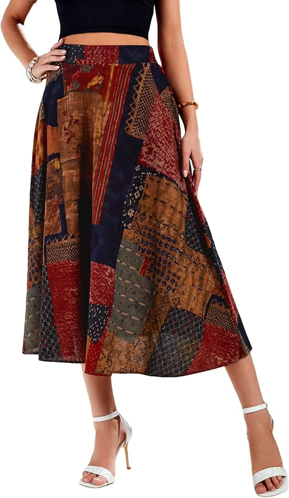 Floerns Women's Floral Printed Elastic Waist A Line Pleated Ruffle Midi Skirt | Amazon (US)