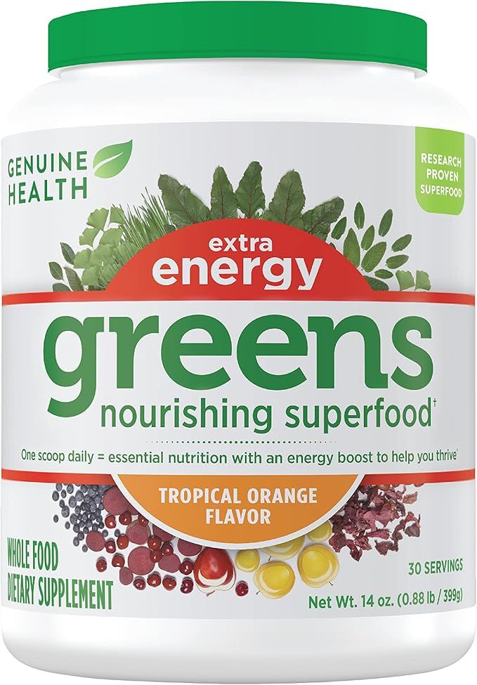Genuine Health Greens Extra Energy Superfood, Natural Orange, Non GMO, 399 Gram tub | Amazon (US)
