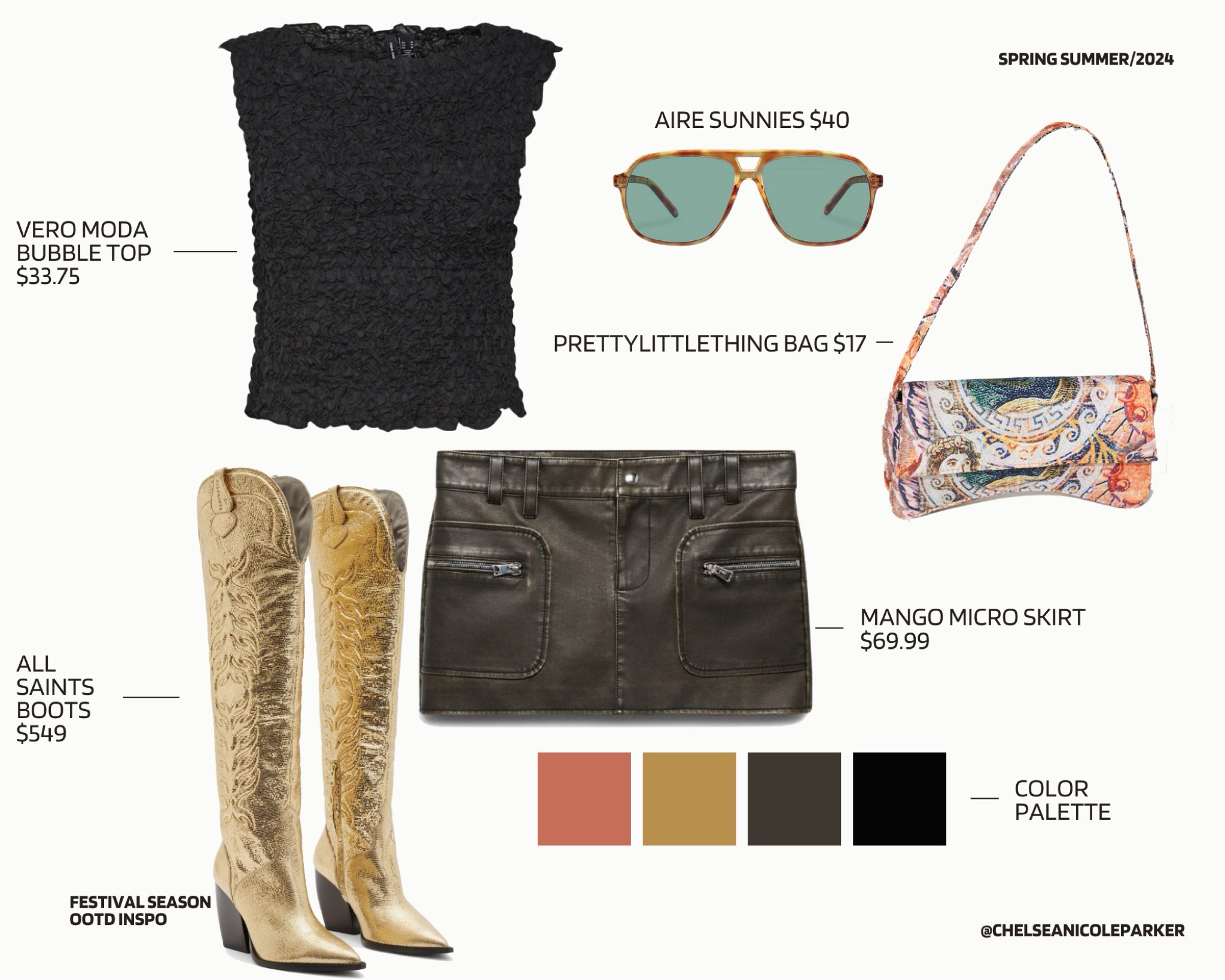 Vero Moda Black Bubble Crinkle Tank Top + Mango Mini Micro Faux Leather Skirt + All Saints OTK Gold Western Cowboy Boots + Aire Aviator Sunglasses + Pretty Little Thing Multicolor Rainbow Bag - Music Festival / Coachella / Stagecoach / Country Concert Outfit / Spring Summer OOTD Inspo

#LTKFestival #LTKfindsunder50 #LTKfindsunder100