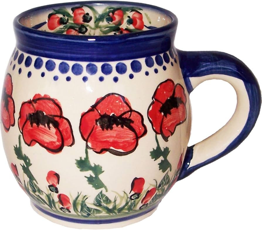 Eva's Collection Boleslawiec Stoneware Unikat Polish Pottery Bubble Mug/Coffee cup 16 oz, Poppy F... | Amazon (US)