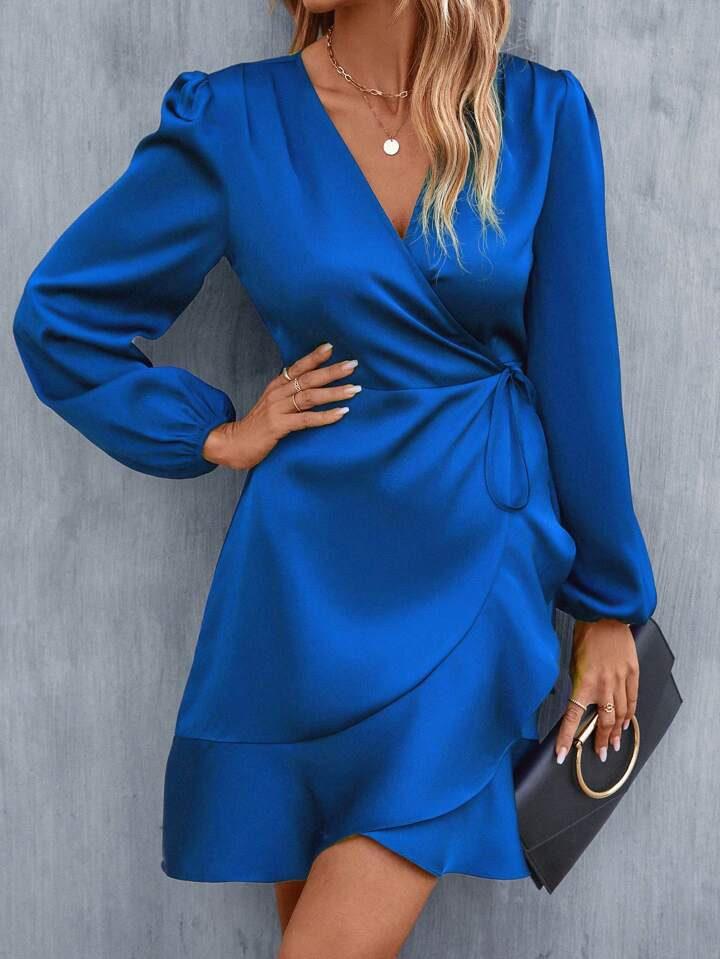 Lantern Sleeve Knot Side Ruffle Trim Wrap Satin Dress | SHEIN