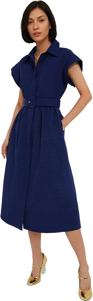 Jenkoon Women's Turn Down Collar Shirt Dress with Belt Short Sleeve Shell Trench Coat Formal Dres... | Amazon (US)