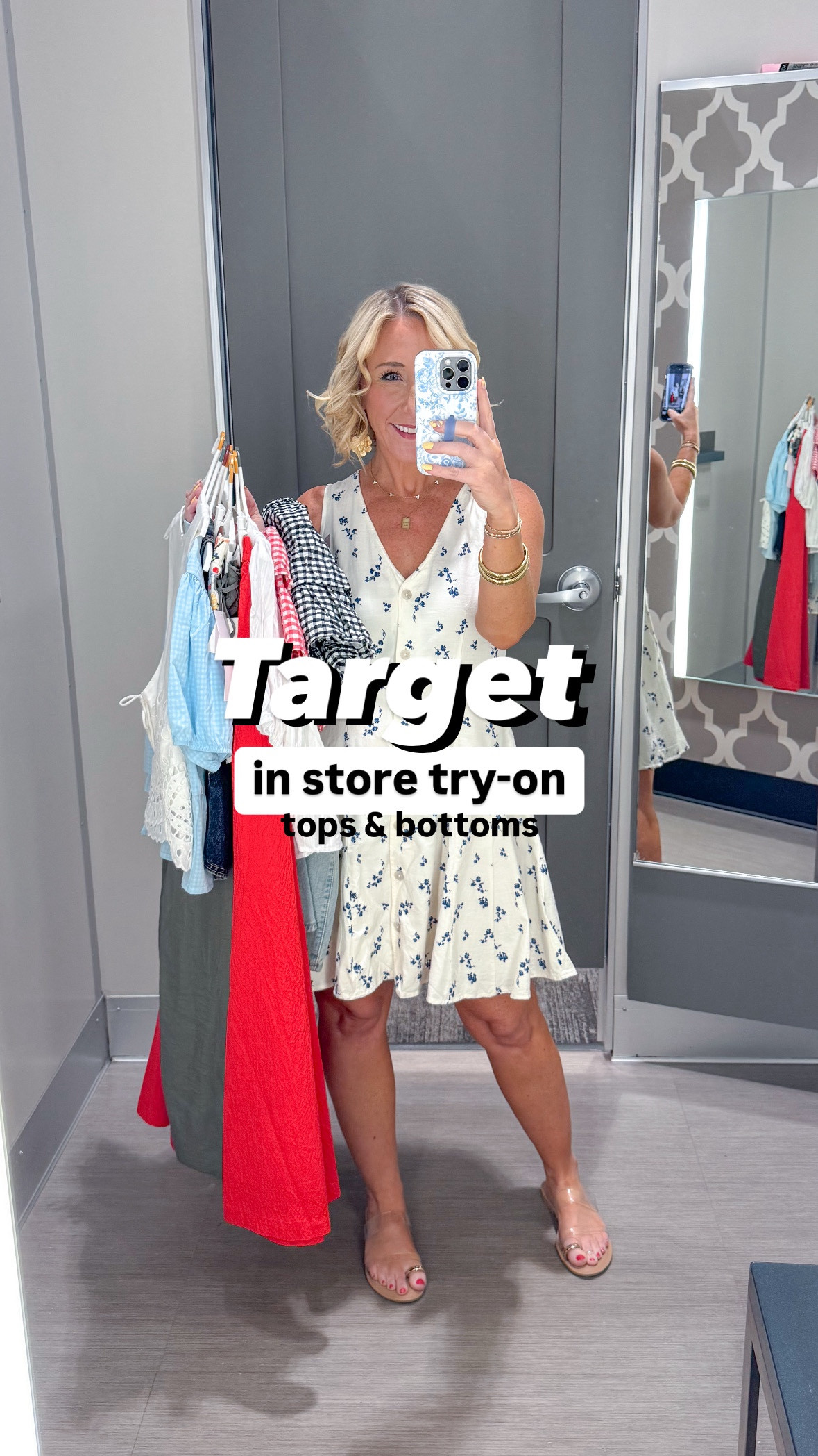 Target try-on: tops & bottoms:

• dress (from beginning) - size small.
1. White scoop neck t-shirt - size small. 
2. Red gingham skort - size small (needed a medium) 
3. Black gingham skort - size large (needed a medium).
4. White tie front top - size medium. 
5. Sailor jeans - size 4.
6. Blue tie front top - size medium. 
7. Eyelet side tie tank - size small. 
8. Denim vest (black) - size small. 
9. Straight leg side-tie pull-on pants - size small. 
10. Red t-shirt - size small. 
11. Printed shorts - size medium. 
12. Striped t-shirt - size small. 
13. Red maxi skirt - size small  

#LTKFindsUnder50 #LTKSeasonal #LTKSaleAlert