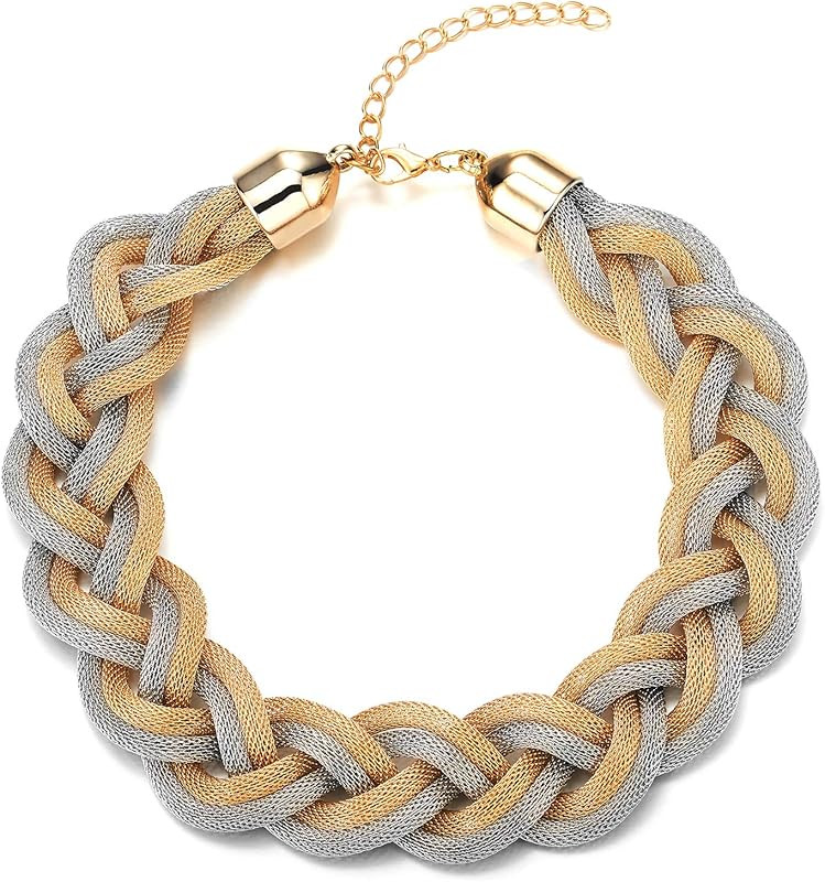 COOLSTEELANDBEYOND Statement Necklace, Braided Hollow Cable Large Bib Choker Collar, Dress Prom | Amazon (US)