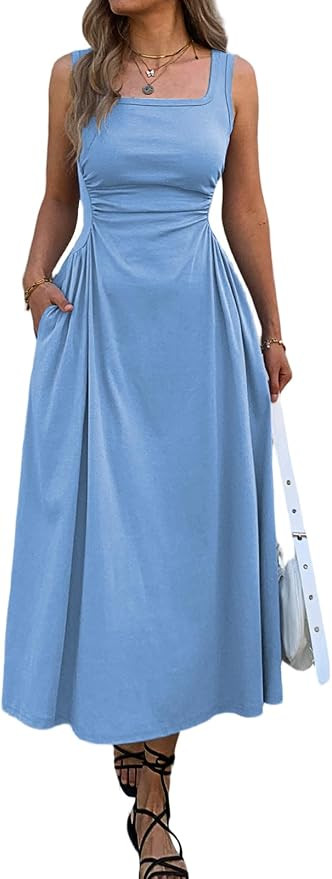 Mieazom Women's Square Neck Sleeveless Slim-Fit Maxi Dress Ruched Waist Corset Flowy Casual Summe... | Amazon (US)