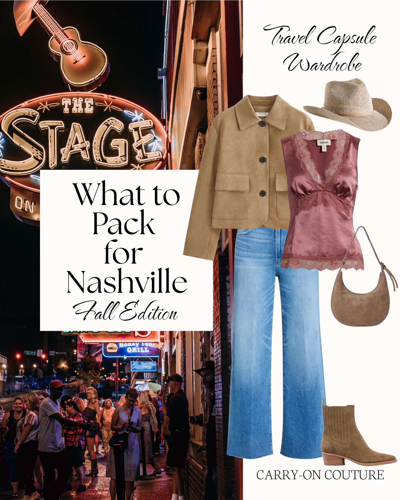 What to Pack for Nashville in Early November
Cowboy boots, live music, and nights on Broadway…this 9-piece travel capsule was built for Nashville’s crisp fall weather and laid-back Southern style.  With daytime highs in the mid-60s °F, evenings in the 40s °F, I focused on cozy layers, weather-friendly shoes, and versatile pieces that move easily from a day of shopping and sightseeing to dinner and live music.
Not heading to Nashville?  This capsule works just as well for other fall getaways with mild days and cool nights - think Austin, Charleston, Asheville, or Santa Fe.  Every piece mixes and matches into 10+ outfits — and the best part…it all fits in your carry-on suitcase.

⭐️ My travel capsules are crafted with care from research, personal travel experience, and my own style preferences. I try to get it right every time — but I can’t always predict surprise weather or your exact itinerary. Take what works, leave what doesn’t, and make it your own. These capsules are intended to be fun starting points, not packing gospel. 