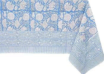 ATOSII 'Azora' Blue 100% Cotton Rectangle Fall Tablecloth, Handblock Floral Linen Table Cloth for... | Amazon (US)