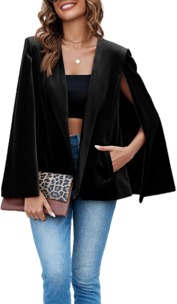 Cicy Bell Women's Velvet Cape Blazer Jackets Casual Split Long Sleeve Open Front Coat | Amazon (US)