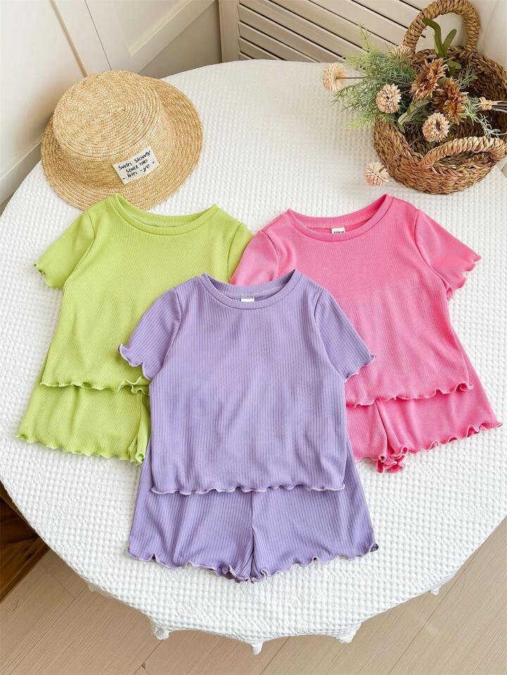 6 Piece Set - Young Girl Short Solid Round Neck Knit T-Shirt And Shorts | SHEIN