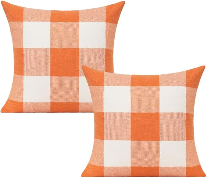 VAKADO Fall Outdoor Decor Throw Pillow Covers Orange Buffalo Plaid Thanksgiving Front Porch Farmh... | Amazon (US)