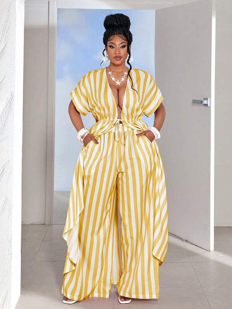 Maweii Plus Size Women Striped Short Sleeve Tie Waist Shirt And Wide Leg Pants Set | SHEIN