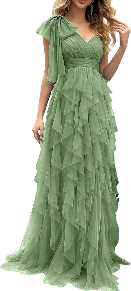 VOUIAO Summer Women Tulle Prom Dress Elegant Bow One Shoulder Slit Evening Party Gown Wedding Gue... | Amazon (US)