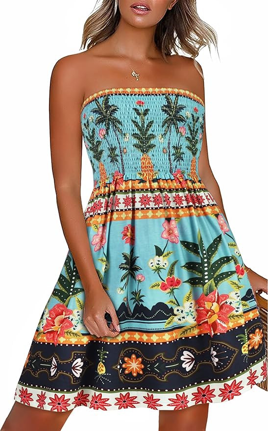 CHICGAL Summer Dresses for Women Beach Cover Ups Strapless Boho Floral Print Sundress | Amazon (US)