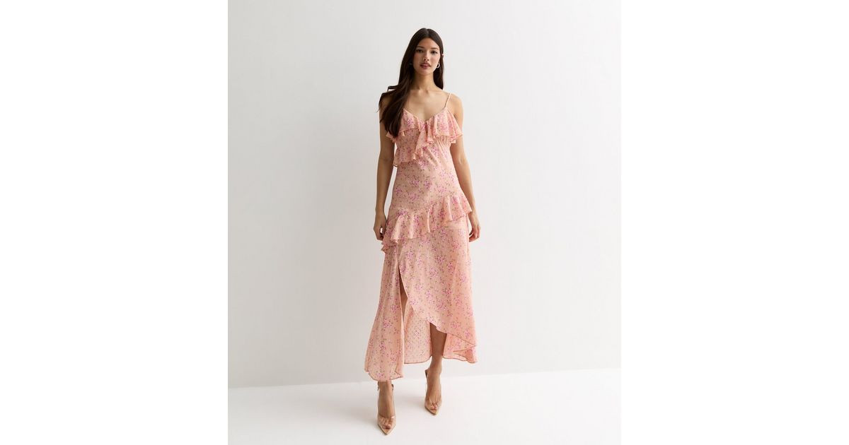 Pink Floral Chiffon Strappy Ruffle Midi Dress | New Look | New Look (UK)