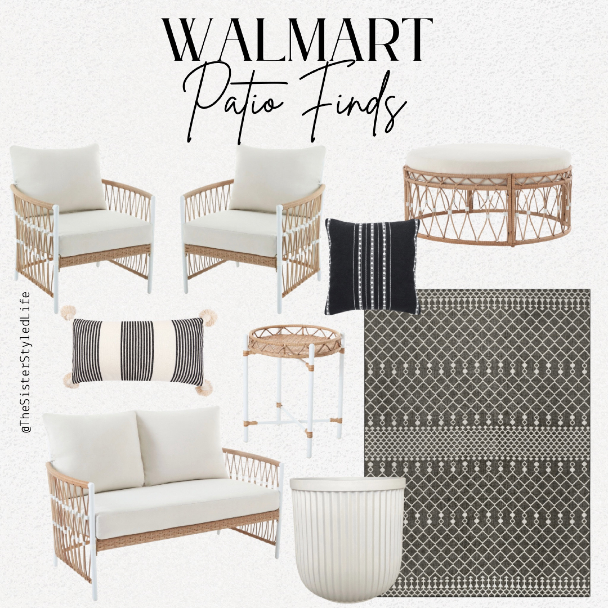 Patio Finds from Walmart! Loving the neutral patio furniture! 
Wicker, rug, black, white, organic neutral, throw pillows, rattan, planter

#LTKSeasonal #LTKparties #LTKhome