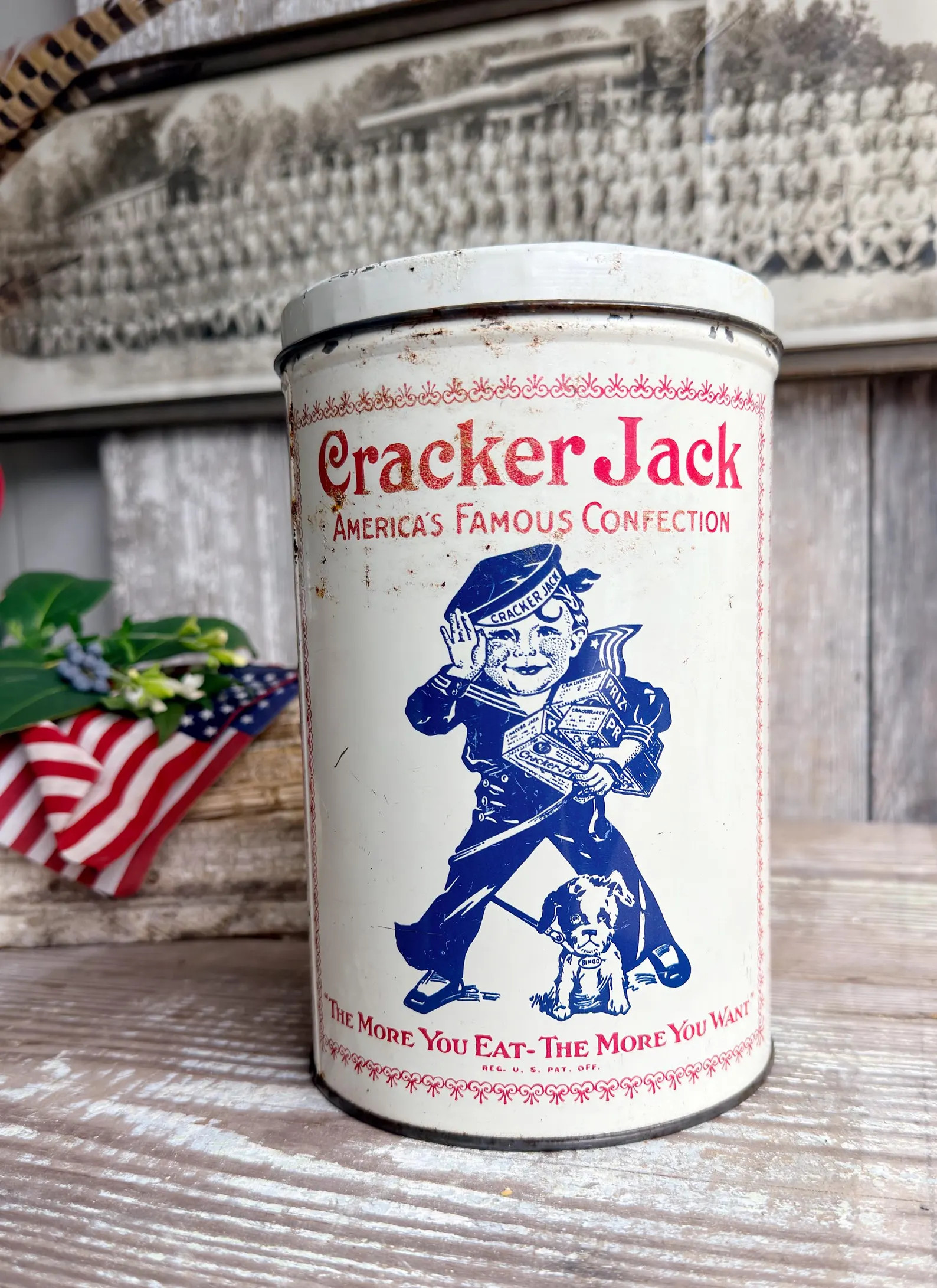 Vintage CRACKER JACK Tin Can Red White Blue Farmhouse Decor Industrial Salvage AMERICANA Decor 6 ... | Etsy (US)