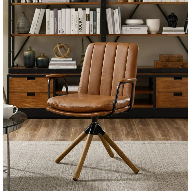 Art Leon Mid Century Modern Office Chair Faux Leather Swivel Desk Chair Upholstered with Oak Wood... | Walmart (US)