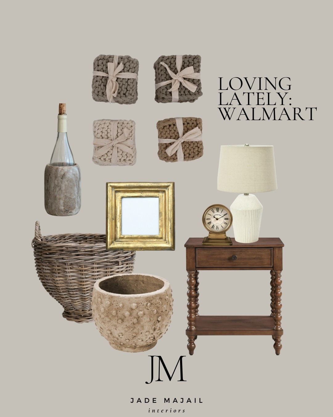 What I'm loving lately from Walmart 😍

Crochet coasters, table, lamp, clock, brass picture, frame, decorative basket, ceramic vase, side table, nightstand, wine cooler, home decor, transitional style 

#LTKHome