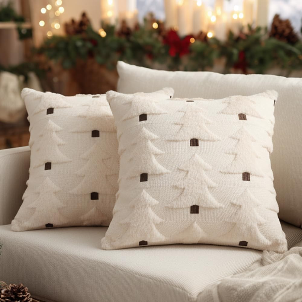 Christmas Pillow Covers 18x18 Inch Set of 2, Christmas Decorations Xmas Tree Soft Plush Fluffy Faux Fur Decorative Throw Pillows Rustic Winter Decor Cushion Case Beige Brown GC034-18 | Amazon (US)