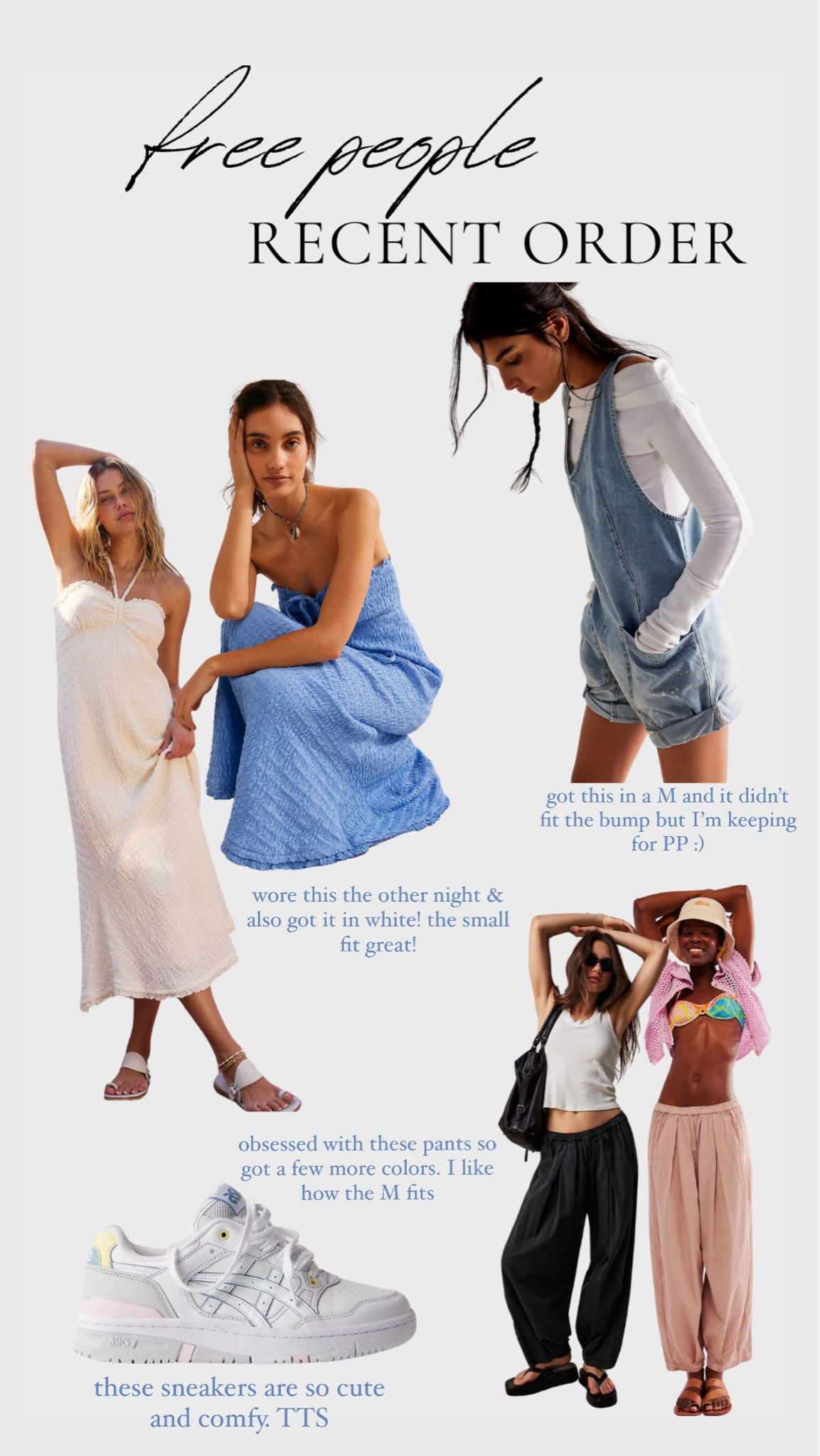 Recent free people order with sizes 
Bump friendly dress 
Bump friendly pants 
Post partum outfit 

#LTKBump #LTKFindsUnder50 #LTKBaby