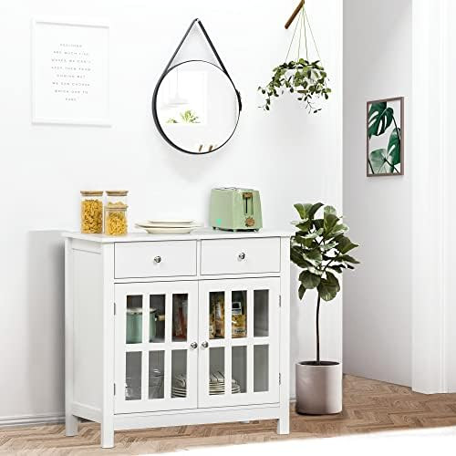 HOMCOM Sideboard Buffet Cabinet, Storage Cabinet Cupboard Table with Glass Doors, and Drawers for Ki | Amazon (US)